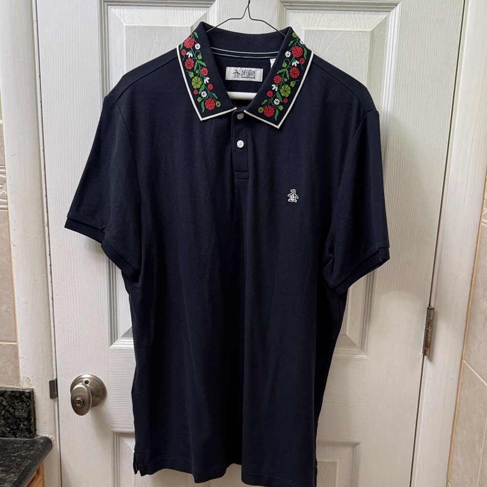 Original Penguin Navy Polo with floral detail Collar